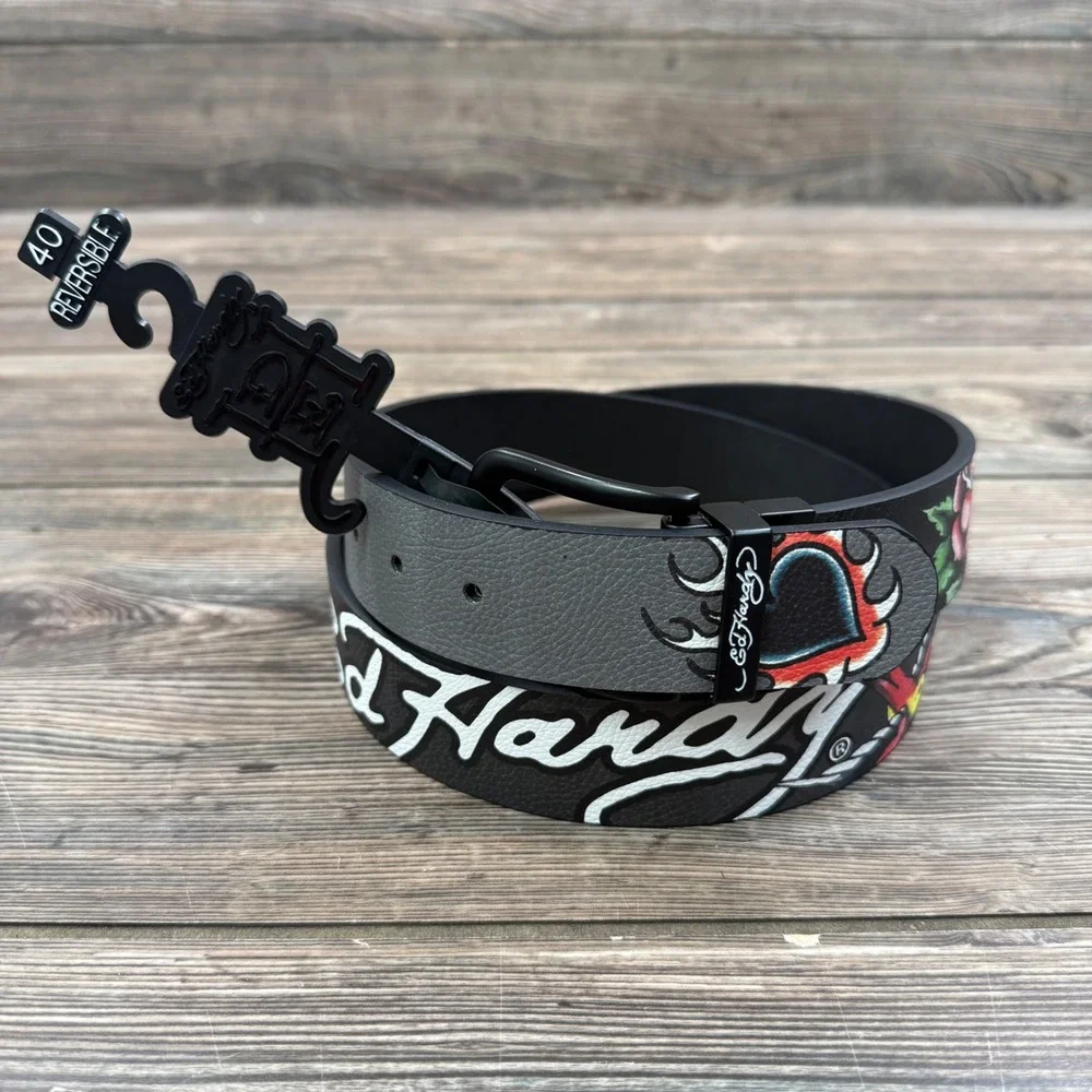 Ed Hardy Mens Size 40 Reversible Belt Grey Black Tattoo Graphic Mermaid NWT